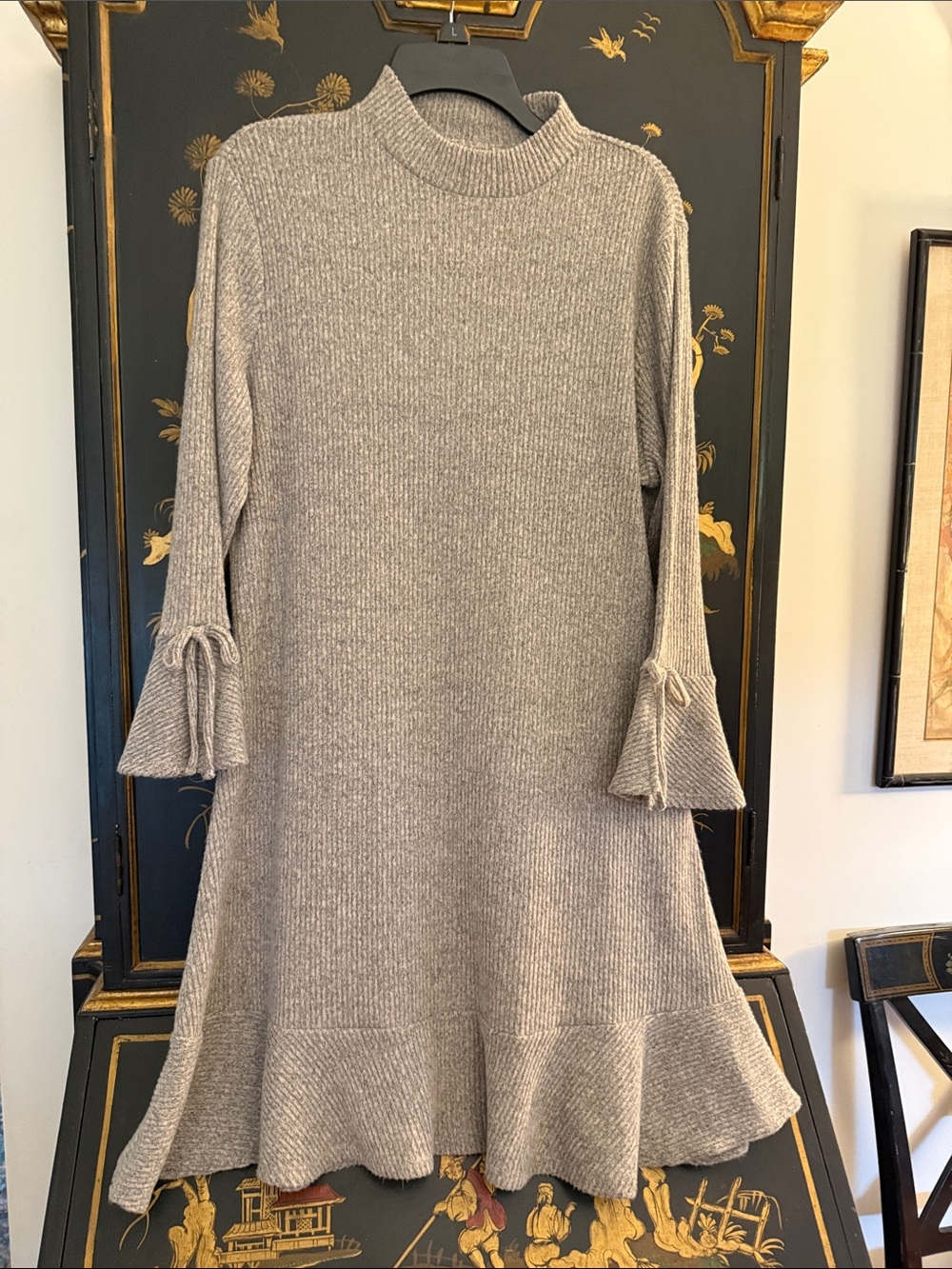 LC Lauren Conrad Tan Ribbed Long-Sleeve Ruffle Sweater Dress
